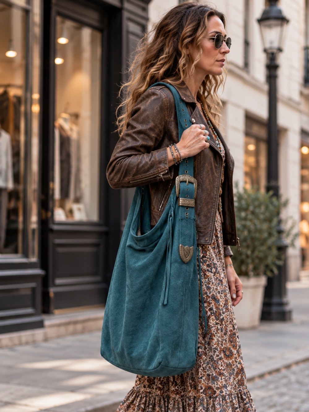 Free People Westbound Teal Suede Leather Hobo Bag Western Buckle Boho Large